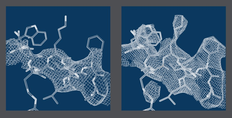 Comparison of image resolution achieved by conventional crystallography (left) and the combination method (right). Credit: Dominik Oberthuer and Kartik Ayyer, DESY.
